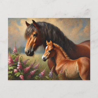 Bay Mare mit Foal-Wildblumen Postkarte