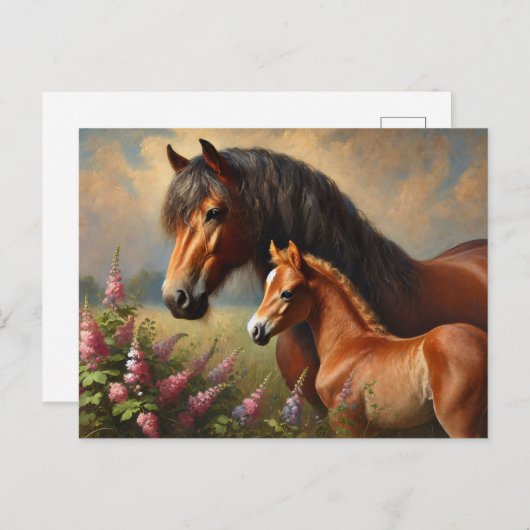 Bay Mare mit Foal-Wildblumen Postkarte (Vorne/Hinten)