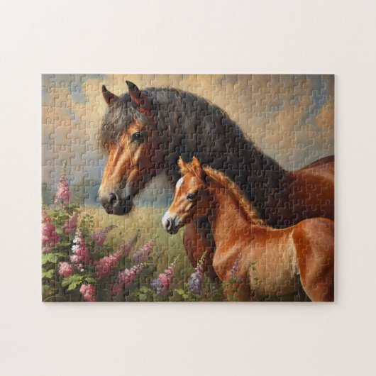 Bay Mare mit Foal-Wildblumen Puzzle (Horizontal)