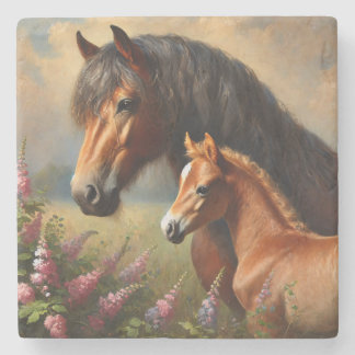 Bay Mare mit Foal-Wildblumen Steinuntersetzer