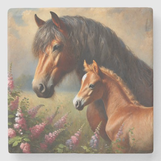 Bay Mare mit Foal-Wildblumen Steinuntersetzer (Vorderseite)
