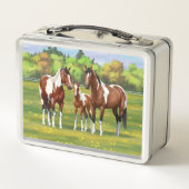 Bay Pinto Paint Quarter Pferde im Sommer Weide Metall Brotdose (Rückseite)