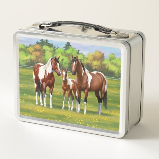 Bay Pinto Paint Quarter Pferde im Sommer Weide Metall Brotdose (Rückseite)