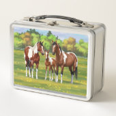 Bay Pinto Paint Quarter Pferde im Sommer Weide Metall Brotdose (Vorderseite)