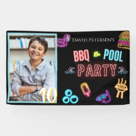 BBQ and Pool Party Neon Photo Birthday  Banner