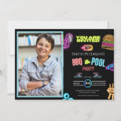 BBQ and Pool Party Neon Photo Birthday Invitation Einladung (Vorderseite)