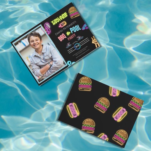 BBQ and Pool Party Neon Photo Birthday Invitation Einladung