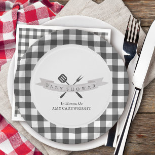 BBQ-Baby-Party Vintage-Typografie Grau Kariert Pappteller