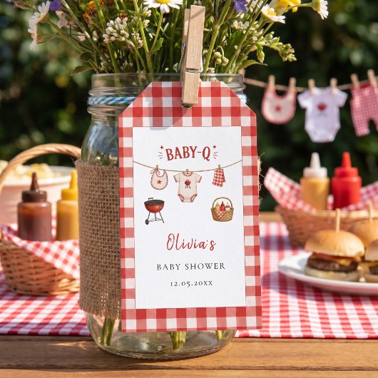 BBQ-Baby-Shower Rustikale Rote Gingham Geschenkanhänger