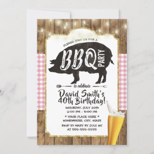 BBQ & Bier rosa karierte Lichterketten Geburtstags Einladung