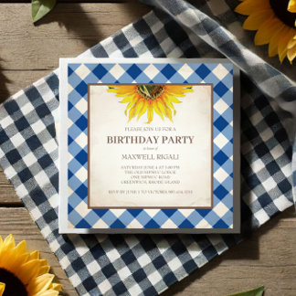 BBQ Birthday Blue Gingham Print Einladung
