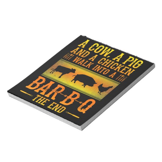 BBQ | Eine Kuh, ein Schwein und ein Huhn laufen in Notizblock (Rotiert)