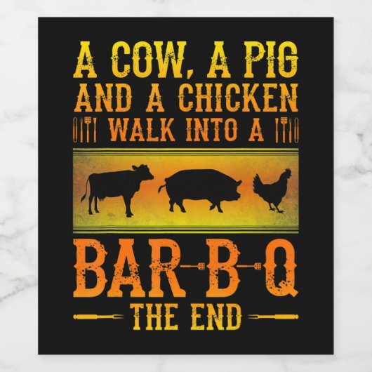 BBQ | Eine Kuh, ein Schwein und ein Huhn laufen in Weinetikett (Einzelnes Label)