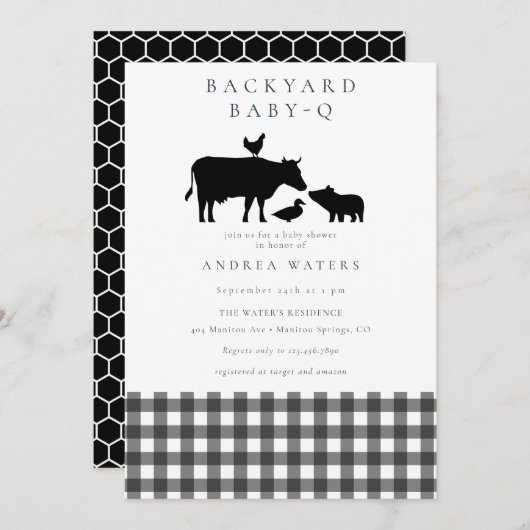 BBQ | Gingham Black | Rustikale Babydusche Einladung (Vorne/Hinten)