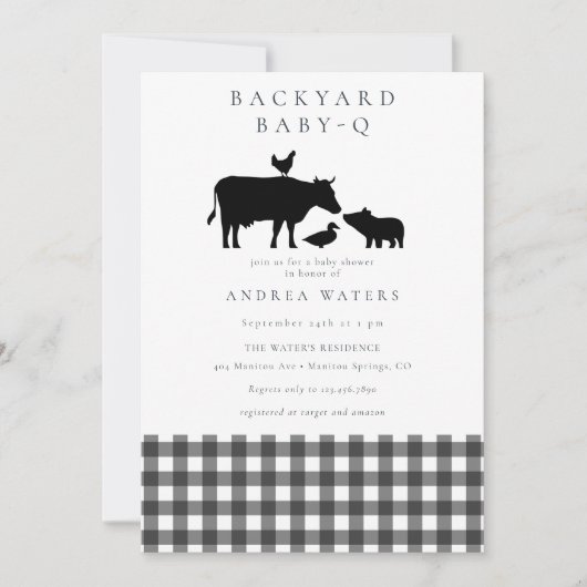 BBQ | Gingham Black | Rustikale Babydusche Einladung (Vorderseite)