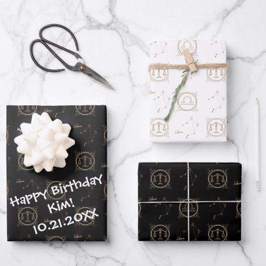 Bday Black & Gold Zodiac Libra Astrologie Sternzei Geschenkpapier Set (Vorderseite)