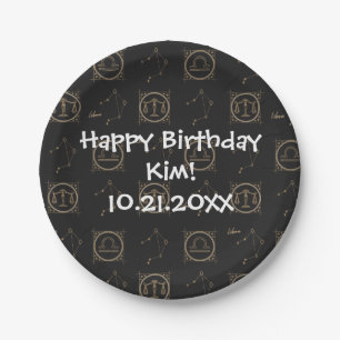 Bday Black & Gold Zodiac Libra Astrologie Sternzei Pappteller