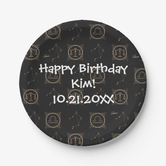 Bday Black & Gold Zodiac Libra Astrologie Sternzei Pappteller (Vorderseite)