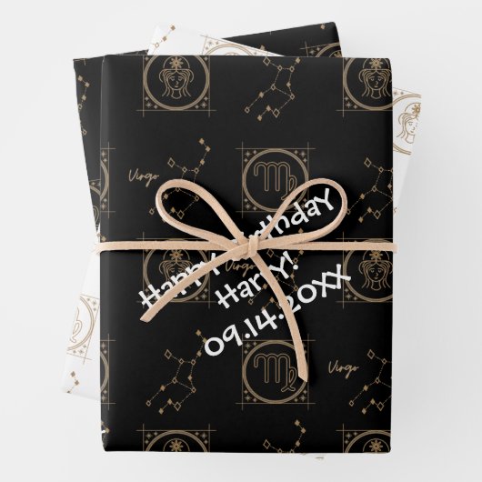 Bday Black & Gold Zodiac Virgo Astrologie Sternzei Geschenkpapier Set (Beispiel)