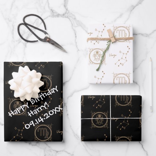 Bday Black & Gold Zodiac Virgo Astrologie Sternzei Geschenkpapier Set (Vorderseite)