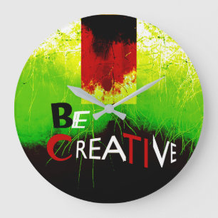 "Be Creative" Schwarz-Orange Green auf Weiß Große Wanduhr