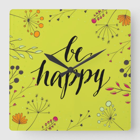 Be Happy 5 Quadratische Wanduhr (Vorderseite)