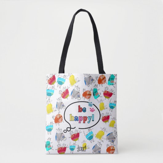 "Be Happy" farbenfrohe Gestaltung der Katze Tasche (Vorderseite)