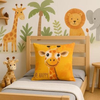 Be Happy Giraffe Yellow Orange Kids Motivierend Kissen