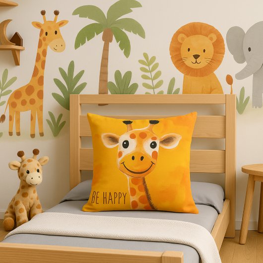 Be Happy Giraffe Yellow Orange Kids Motivierend Kissen