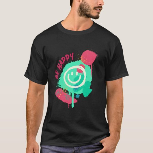 Be Happy Smiley Mint & Pink Graffiti Street Art T-Shirt (Vorderseite)