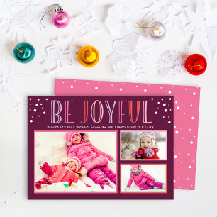 Be Joyful Modern Burgundy Pink Photo Collage Feiertagskarte
