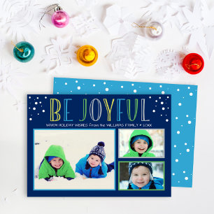 Be Joyful Modern Navy Blue Photo Collage Feiertagskarte