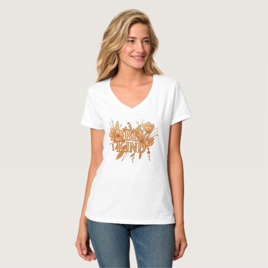 Be Kind | Gold Floral Inspirational Women’s V-Neck T-Shirt (Vorderseite Vollansicht)