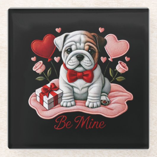 Be Mine Valentine English Bulldog Glass Untersetze Glasuntersetzer (Vorderseite)