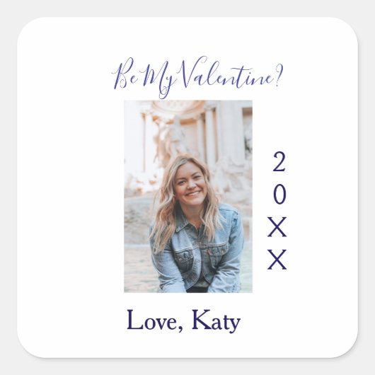 Be my valentine love name purple year photo simple quadratischer aufkleber (Vorderseite)