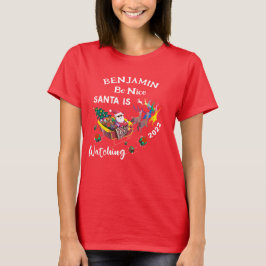 Be Nice Santa beobachtet Weihnachten personalisier T-Shirt