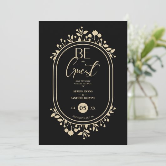 Be our Guest Black Wedding Fancy Frame Branches Save The Date (Stehend Vorderseite)