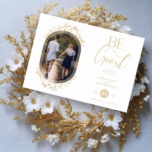 Be our Guest White Wedding Chic Floral Frame Photo Save The Date