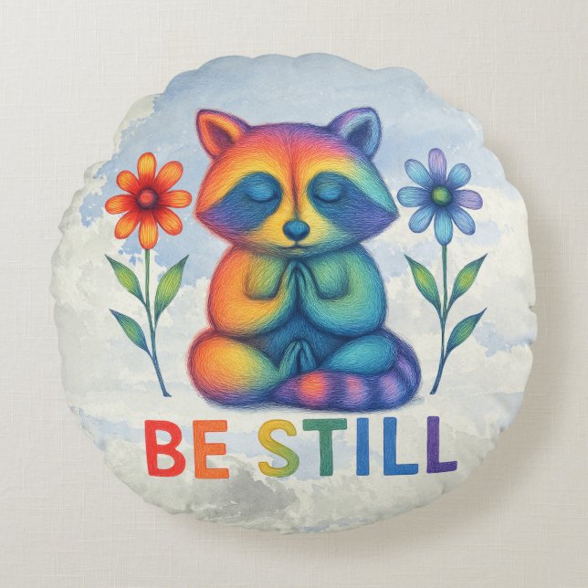 Be Still – Meditation & Prayer Rainbow Raccoon Rundes Kissen (Vorderseite)