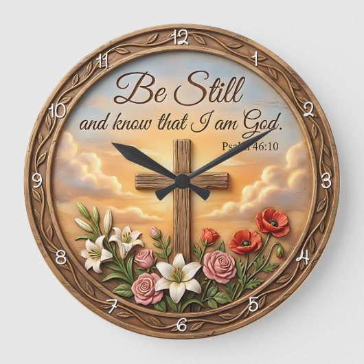 Be Still Psalm Scripture Floral Große Wanduhr (Vorderseite)
