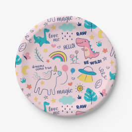 Be Wild Pink Dinosaur Rainbow Unicorn Girls Party Pappteller