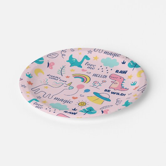 Be Wild Pink Dinosaur Rainbow Unicorn Girls Party Pappteller (Schrägansicht)