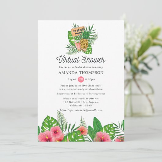 Beach Aloha Luau Virtual Brautparty Einladung (Stehend Vorderseite)