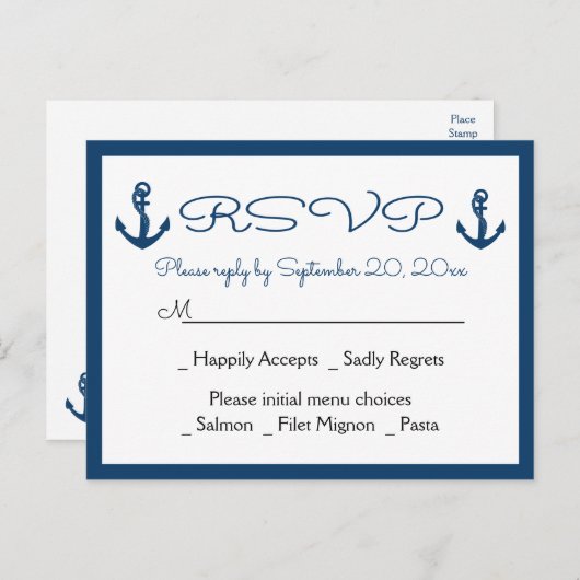 Beach Anchor Beach Navy Blue Nautical Wedding RSVP Einladungspostkarte (Vorne/Hinten)