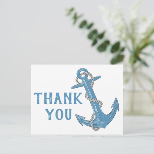 Beach Anchor Blue Nautical Wedding Vielen Dank Postkarte (Stehend Vorderseite)