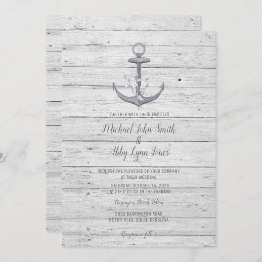 Beach Anchor Hochzeit in Urlaubsort Einladung (Vorne/Hinten)
