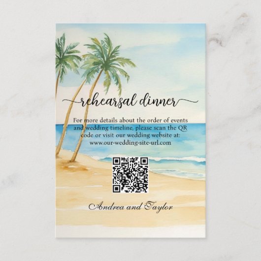 Beach and Palm Trees QR Code Rehearsal Dinner Begleitkarte (Vorderseite)