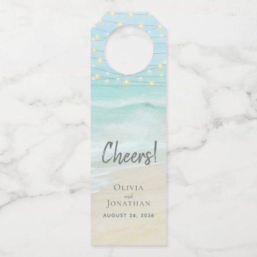 Beach Aqua Blue Coastal Wedding String Lights Flaschenanhänger (Vorderseite)