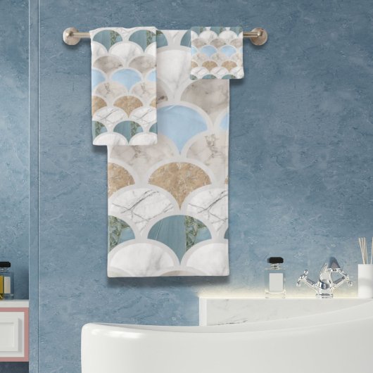 Beach Aqua Blue White Marble Pastel Mermaid Scales Badhandtuch Set