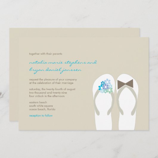 Beach Aqua Flip Flops Hochzeit in Urlaubsort laden Einladung (Vorne/Hinten)